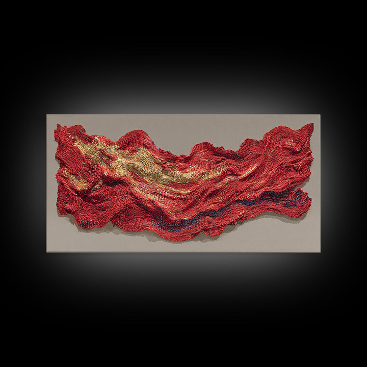 Red And Gold Beaded Wave Sculpture Wall Art, African Abstract Textile Decor, Luxury Canvas Print, Bold Contemporary Home Accent
