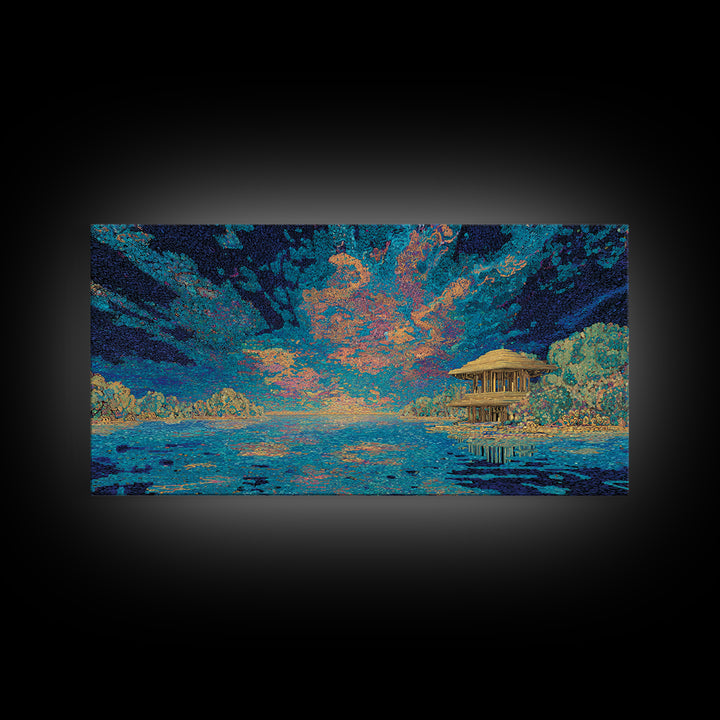 Moonlit Tropical Lagoon Hut Wall Art, Blue Coastal Landscape Canvas, Modern African Inspired Home Decor, Dreamy Living Room Art