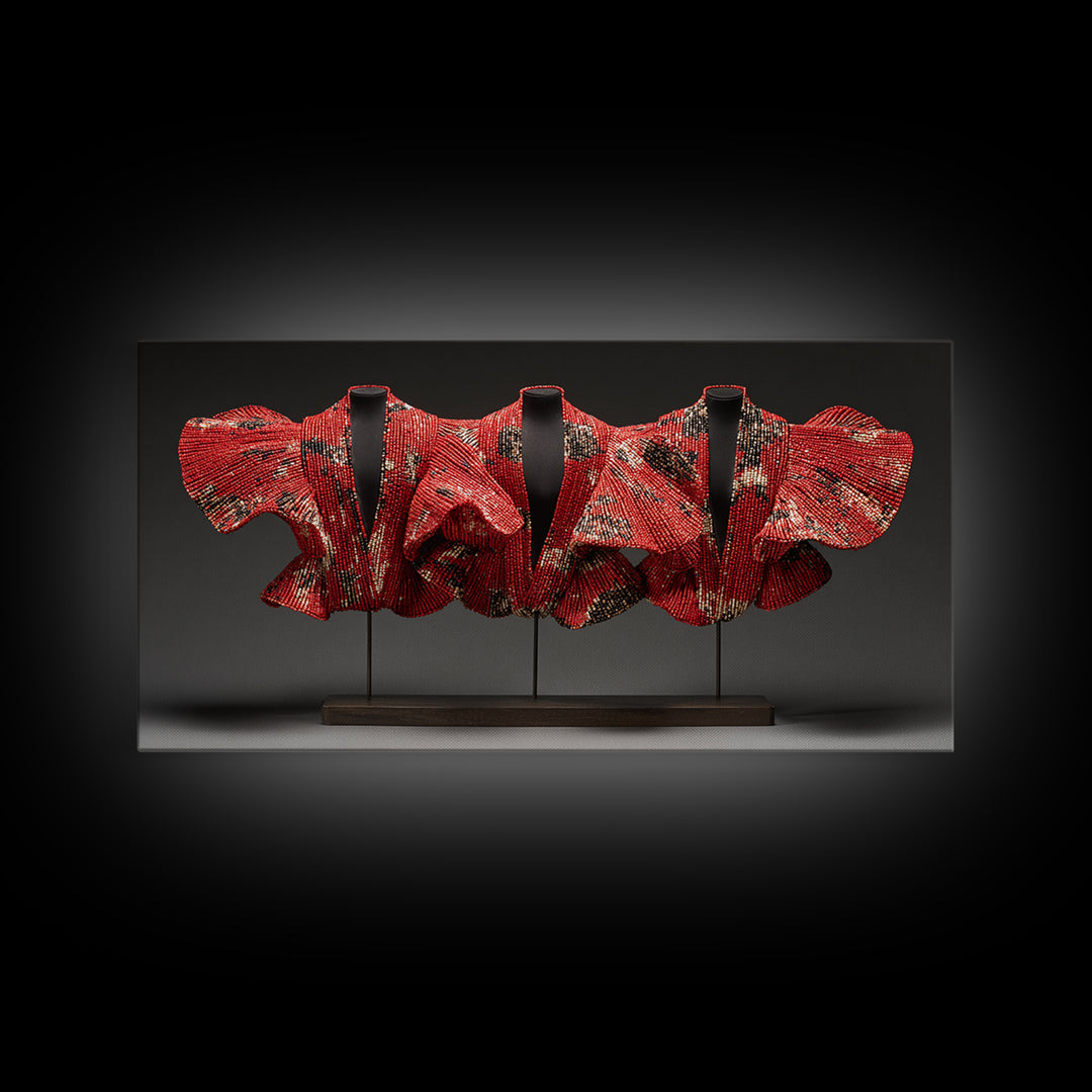 Red Ankara Textile Sculpture Framed Canvas Print, African Fabric Wall Decor, Bold Afrocentric Art For Elegant Modern Home