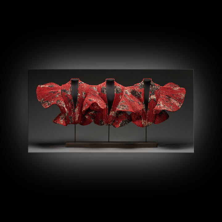 Red Ankara Textile Sculpture Framed Canvas Print, African Fabric Wall Decor, Bold Afrocentric Art For Elegant Modern Home