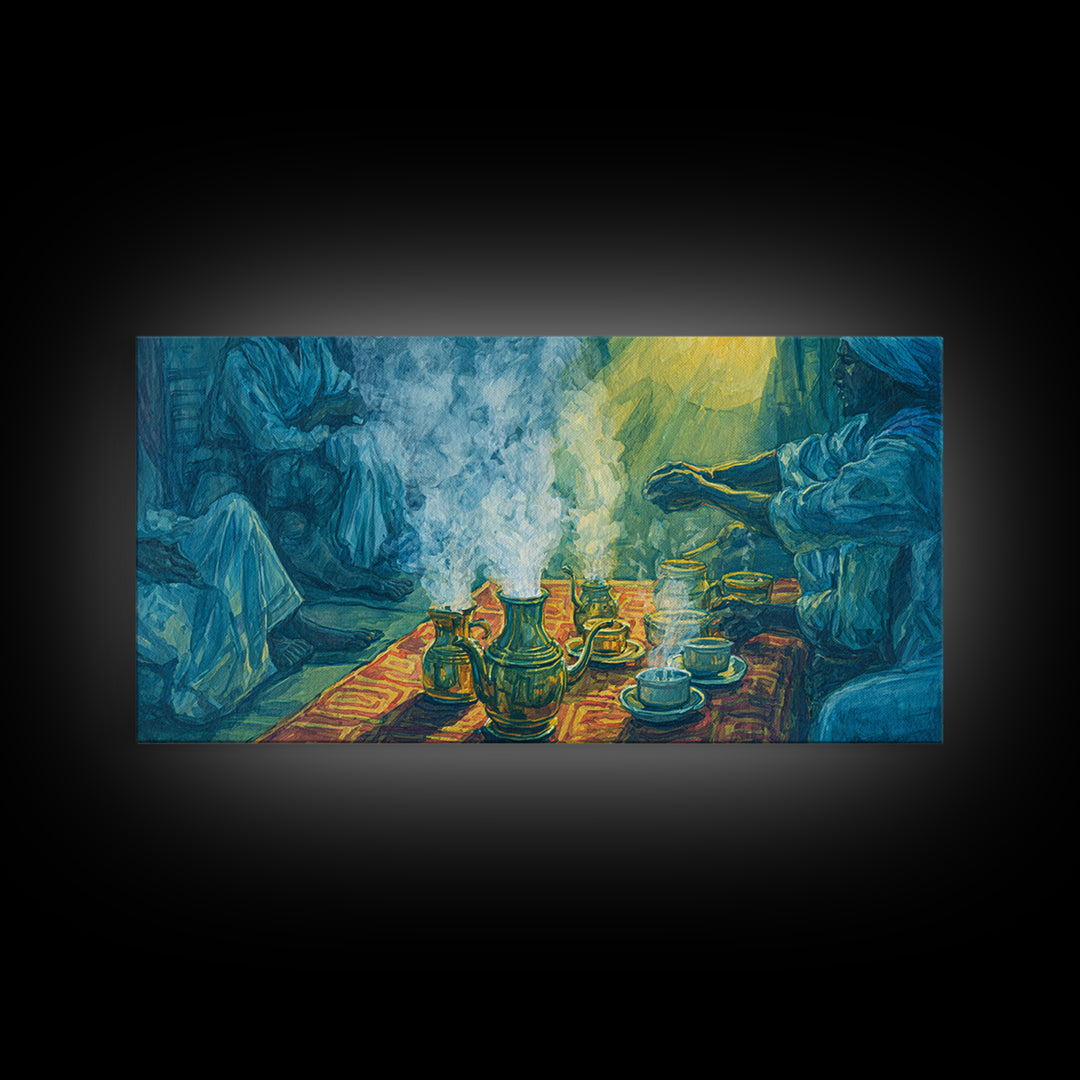 Blue Smoky Tea Ceremony Canvas Print, African Culture Art, Spiritual Wall Decor, Traditional Gathering Painting For Living Room