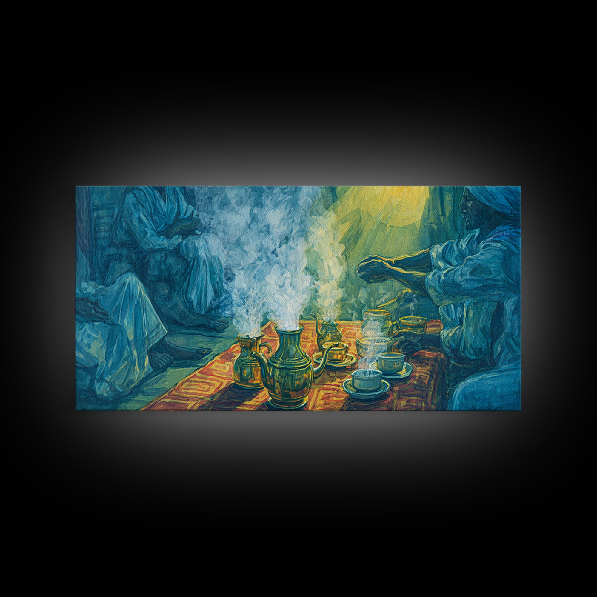 Blue Smoky Tea Ceremony Canvas Print, African Culture Art, Spiritual Wall Decor, Traditional Gathering Painting For Living Room