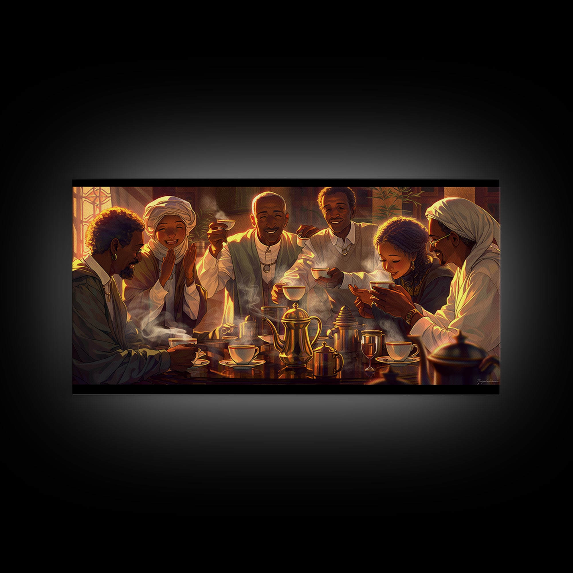 Joyful African Family Tea Gathering Wall Art, Black Culture Art Print, Warm Afrocentric Home Decor For Kitchen Or Dining Room
