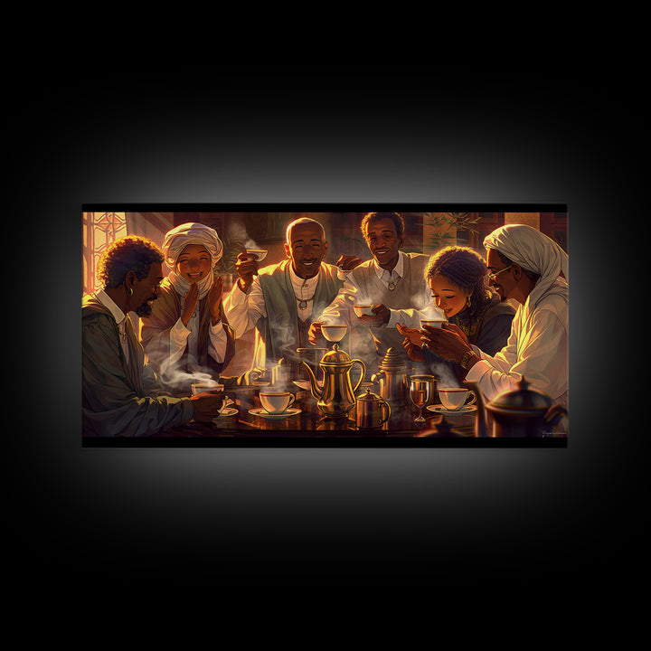 Joyful African Family Tea Gathering Wall Art, Black Culture Art Print, Warm Afrocentric Home Decor For Kitchen Or Dining Room