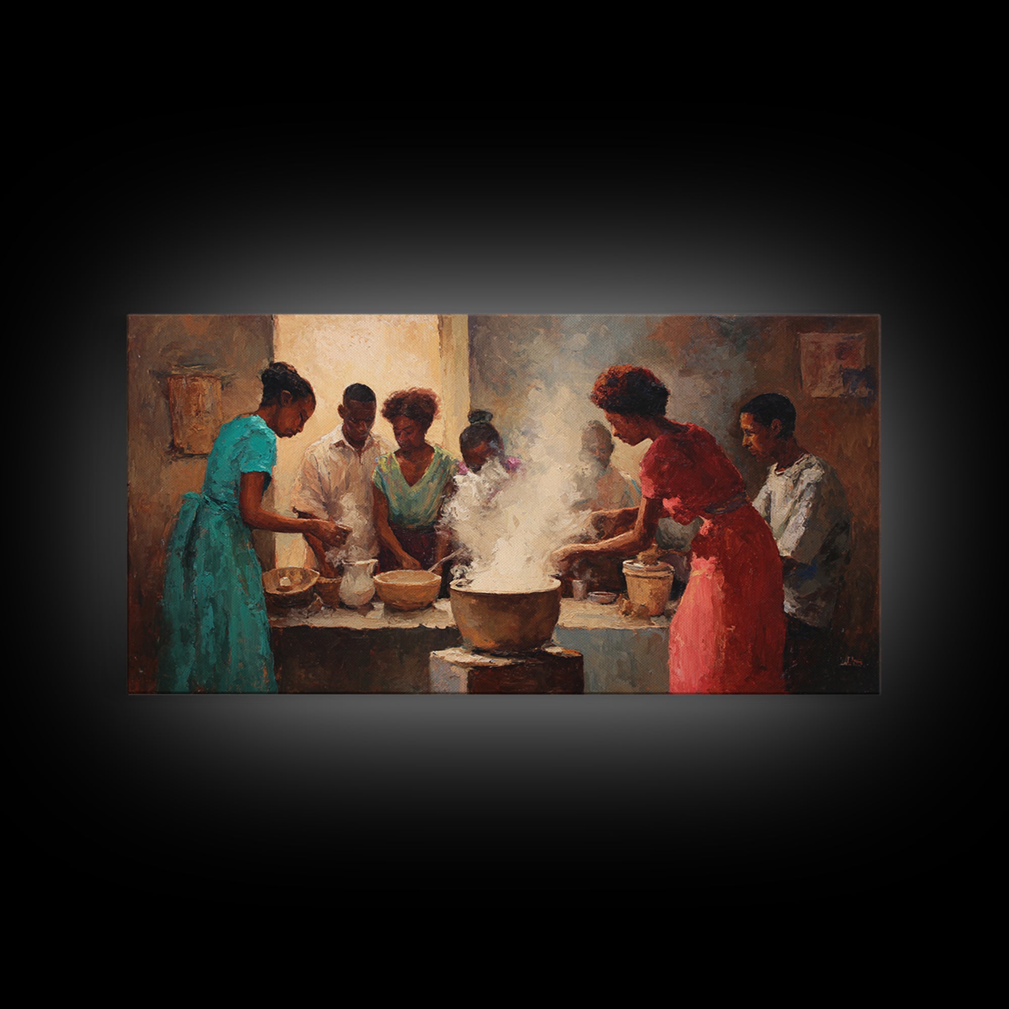 Community Cooking With Steaming Pot Wall Art, African American Art, Black Family Kitchen Decor, Cultural Home Decor Gift