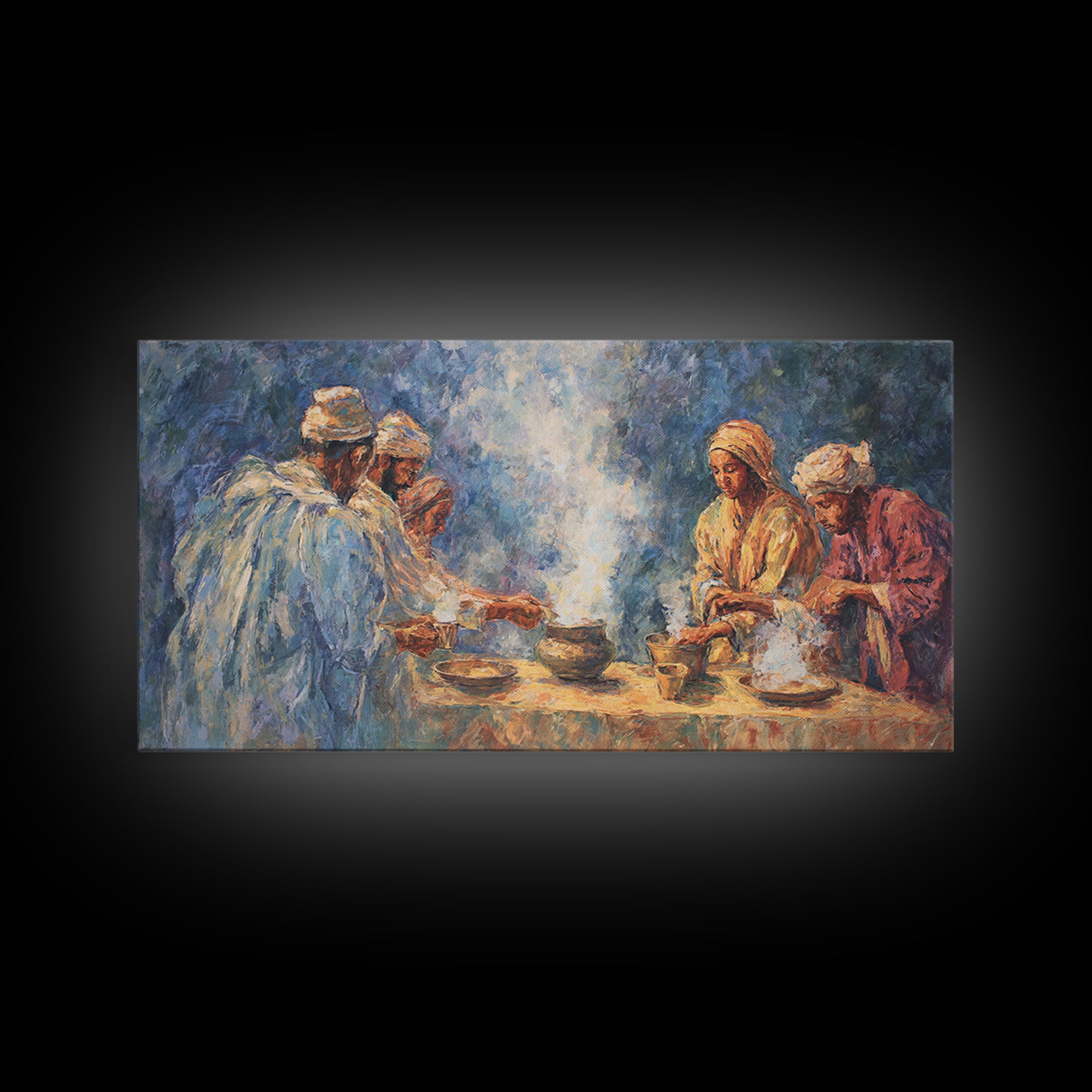 Traditional African Tea Ceremony Framed Canvas Print, Blue Robe Gathering Painting, Cultural Wall Decor For Boho Living Room