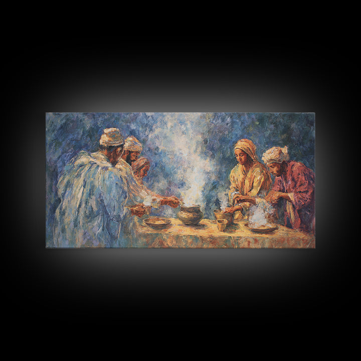 Traditional African Tea Ceremony Framed Canvas Print, Blue Robe Gathering Painting, Cultural Wall Decor For Boho Living Room