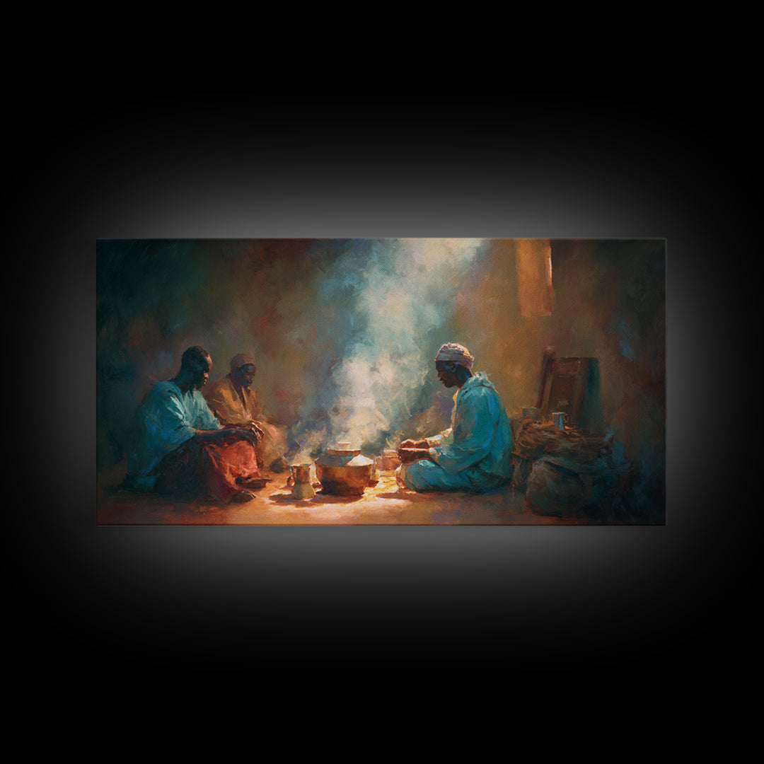 Smoky Hearth Tea Gathering Canvas Print, African Men In Blue Robes, Spiritual Culture Wall Art For Rustic Living Room Decor
