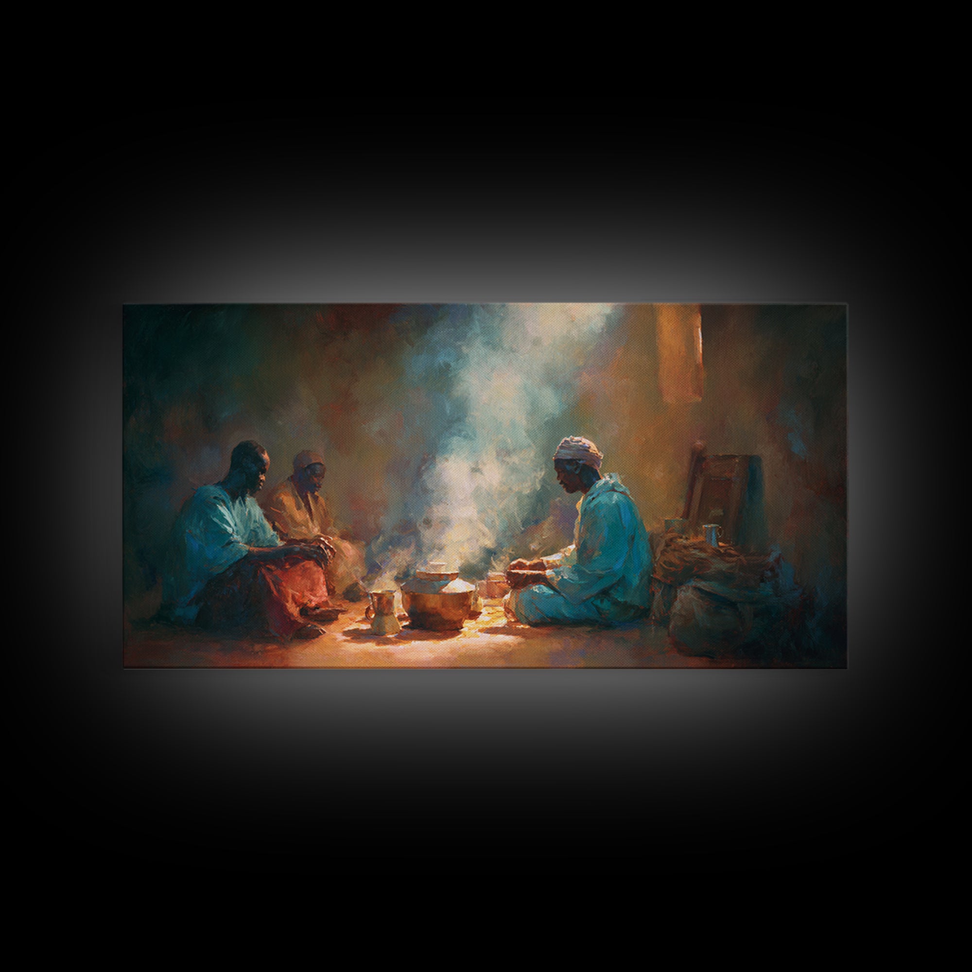 Smoky Hearth Tea Gathering Canvas Print, African Men In Blue Robes, Spiritual Culture Wall Art For Rustic Living Room Decor