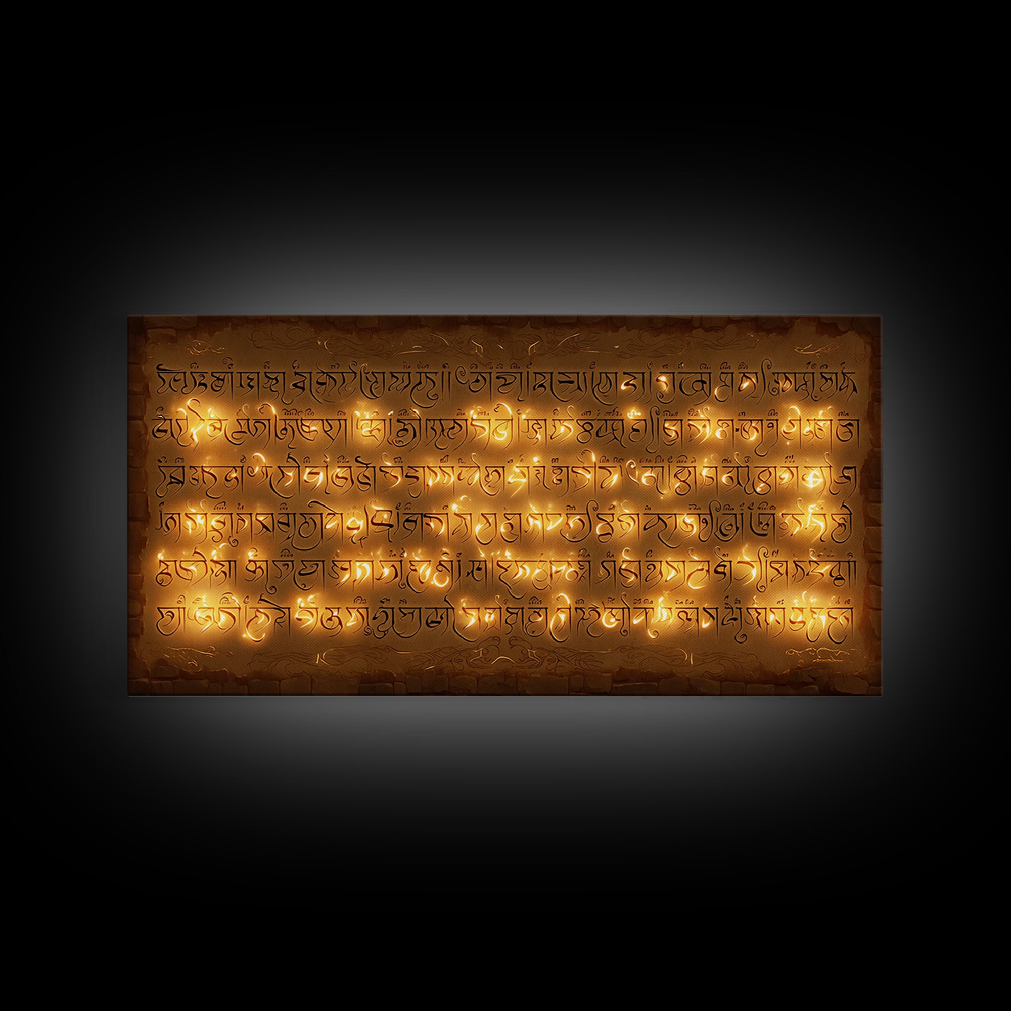 Glowing Ancient Script Wall Art, Spiritual Gold Calligraphy Stone Tablet, Cultural Art Print For Meditation Room Home Decor