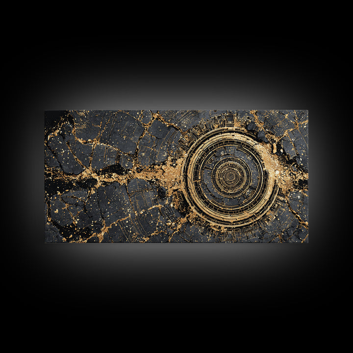 Cracked Obsidian Gold Mandala Canvas Print, African Abstract Art, Geometric Wall Decor, Luxury Modern Home Decor Gift For Him