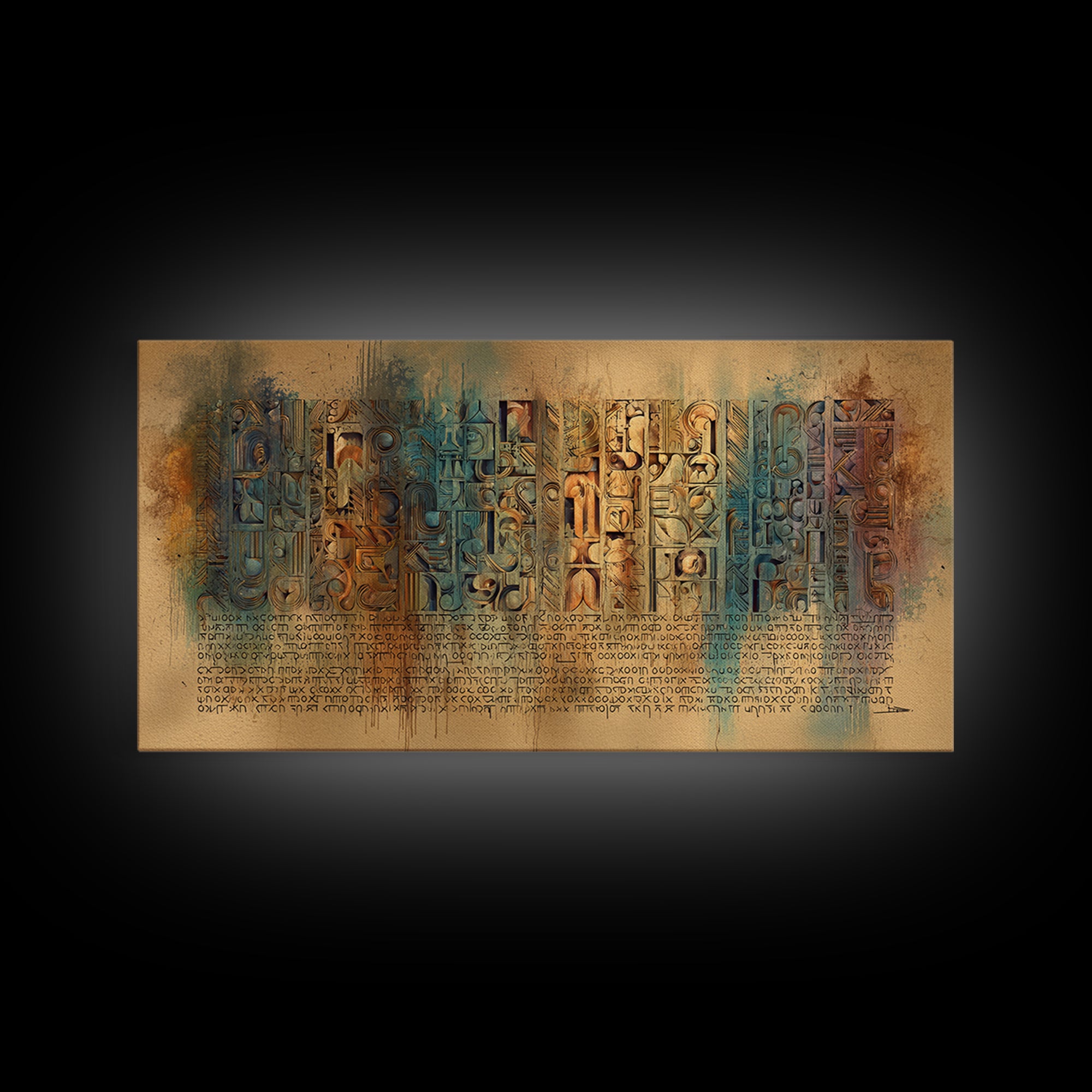 Weathered Glyph Panels Wall Art, African Inspired Hieroglyphic Abstract, Teal Rust Cultural Decor, Ancient Canvas Gift For Home