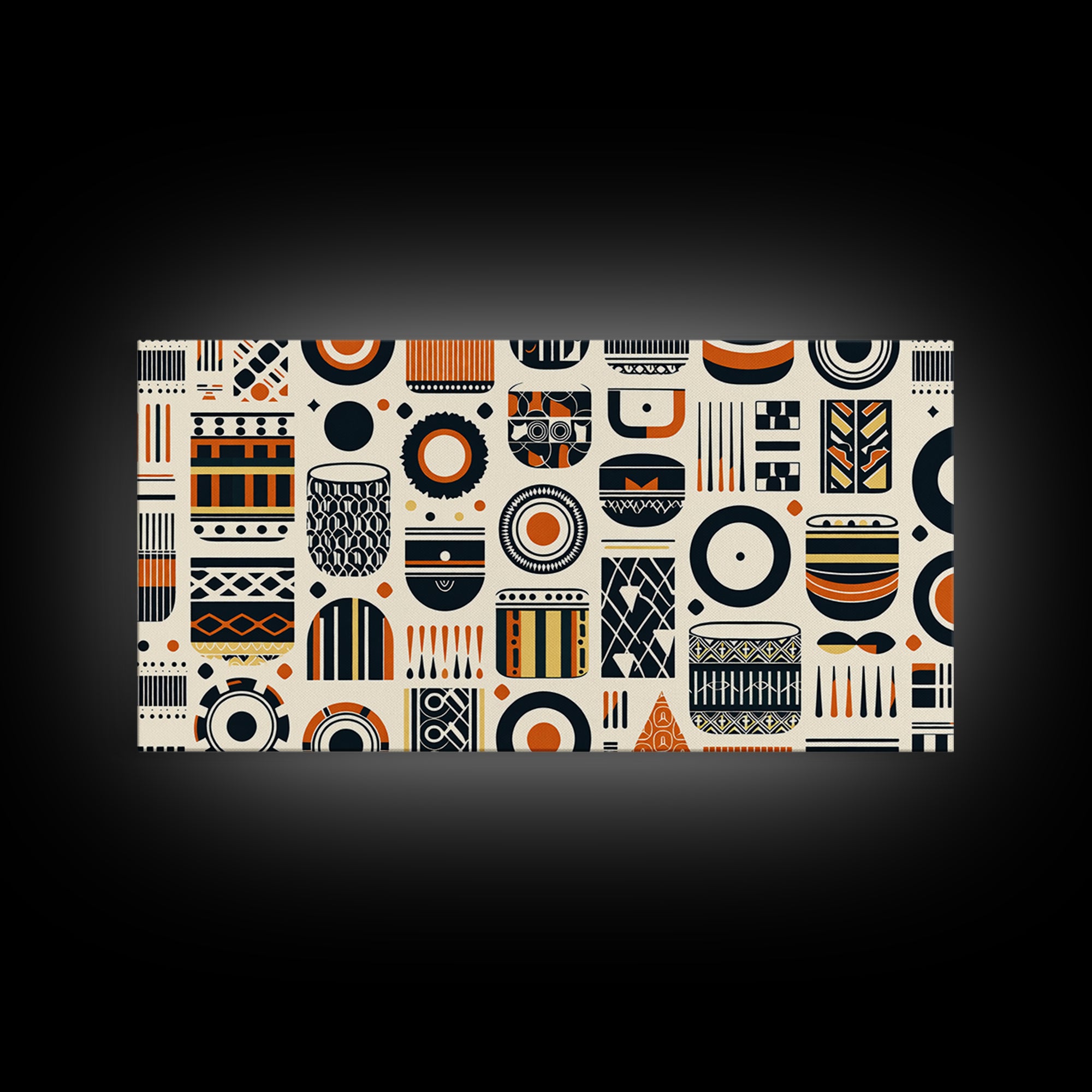 African Tribal Pattern Canvas Print, Black Orange Textile Wall Art, Afrocentric Geometric Decor, Boho Home Decor Gift For Living Room