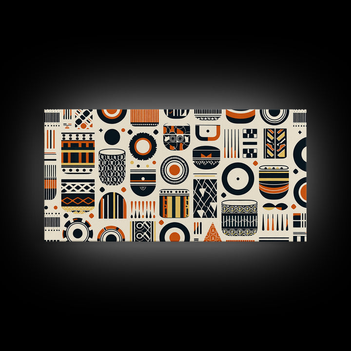 African Tribal Pattern Canvas Print, Black Orange Textile Wall Art, Afrocentric Geometric Decor, Boho Home Decor Gift For Living Room