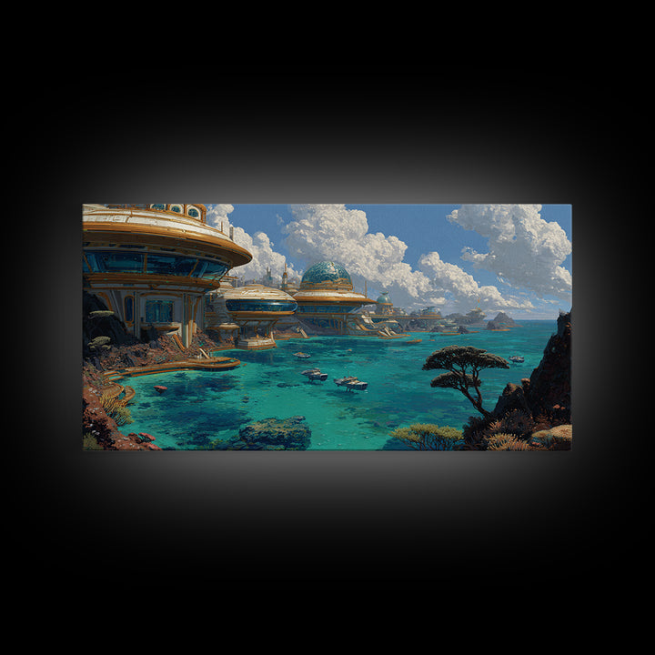 Afrofuturism Ocean City Framed Canvas Print, Futuristic African Coastal Wall Art, Turquoise Sci Fi Home Decor Gift For Office
