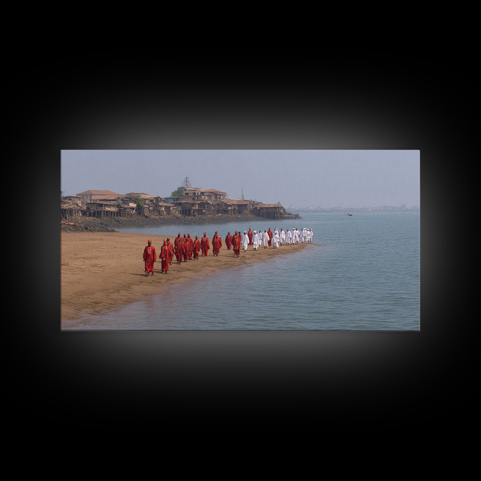 Red And White Beach Procession Wall Art, African Coastal Ceremony Canvas Print, Cultural Travel Decor For Living Room Gift