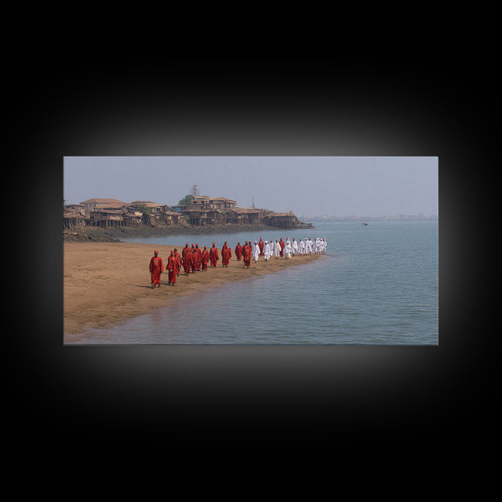 Red And White Beach Procession Wall Art, African Coastal Ceremony Canvas Print, Cultural Travel Decor For Living Room Gift