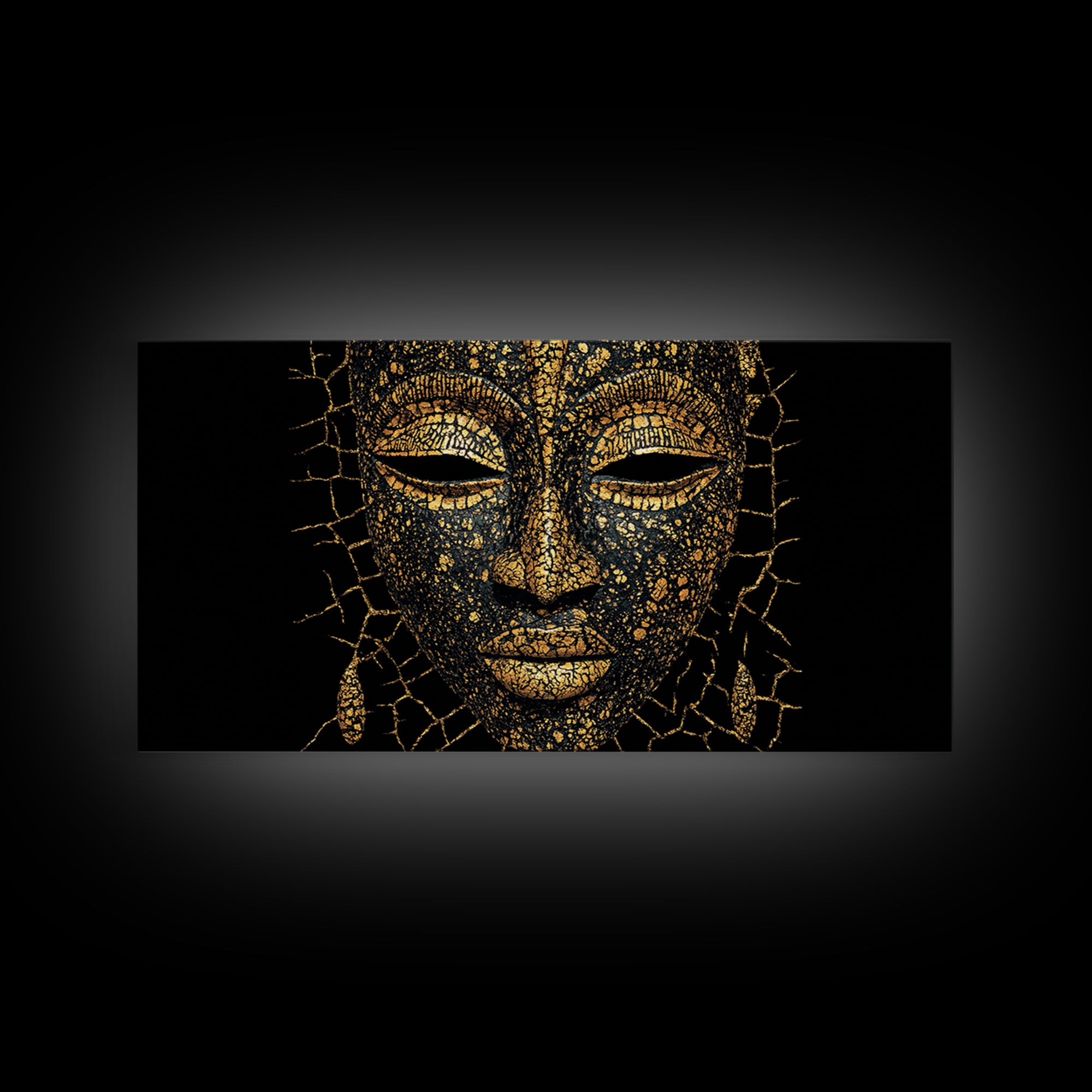 Gold Black African Mask Portrait Wall Art, Textured Tribal Mask Canvas Print, Elegant Afrocentric Decor, Luxury Home Decor