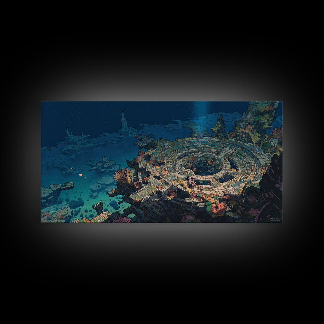 Underwater Futuristic City Wall Art, Sci Fi Ocean Ruins Canvas Print, Afrofuturism Decor, Blue Digital Art For Office Decor