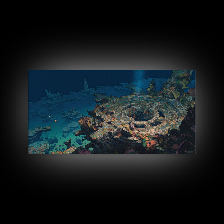 Underwater Futuristic City Wall Art, Sci Fi Ocean Ruins Canvas Print, Afrofuturism Decor, Blue Digital Art For Office Decor