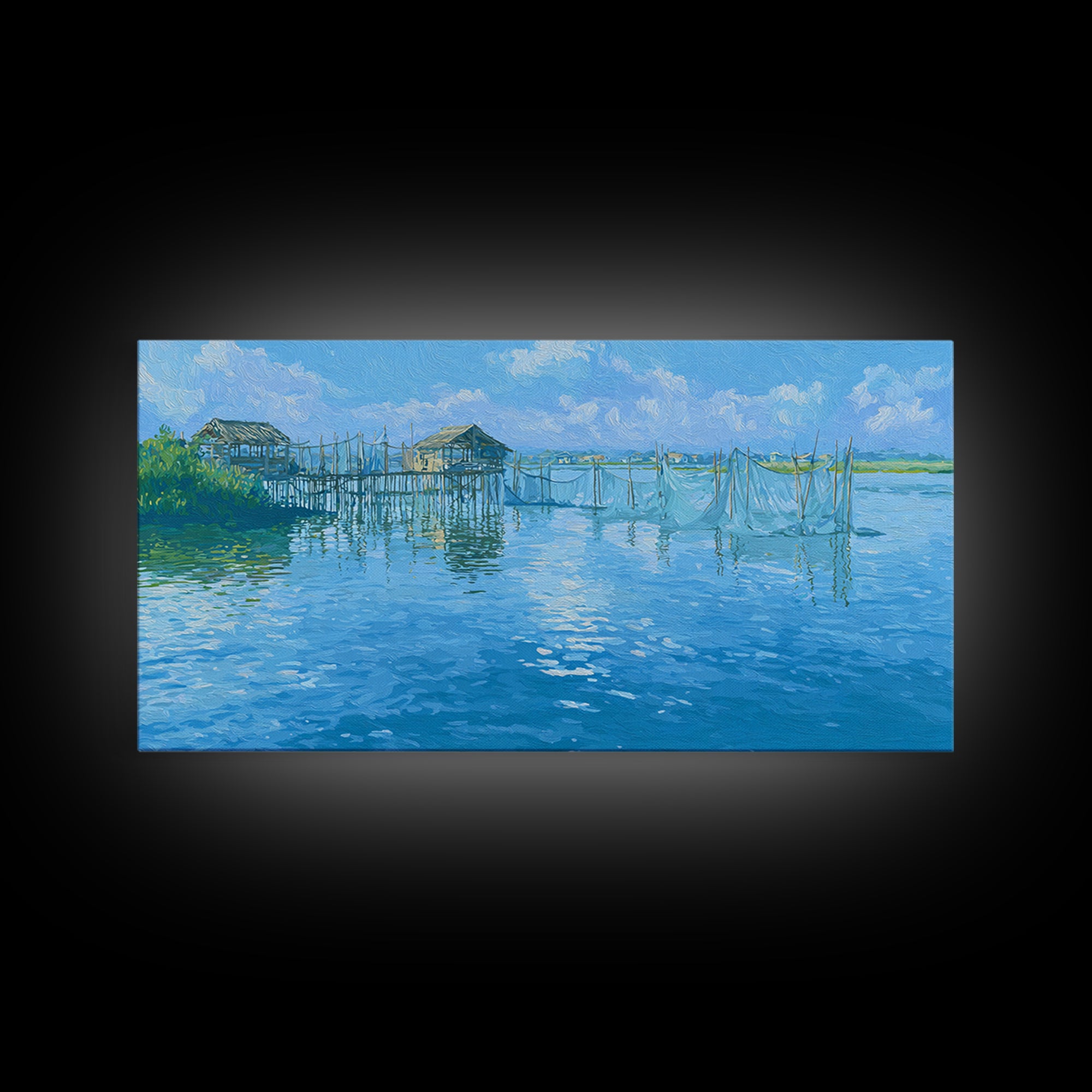 Blue Coastal Fishing Village Wall Art, Serene Water Landscape Canvas Print, Beach Art, Nature Scene Art, Living Room Decor