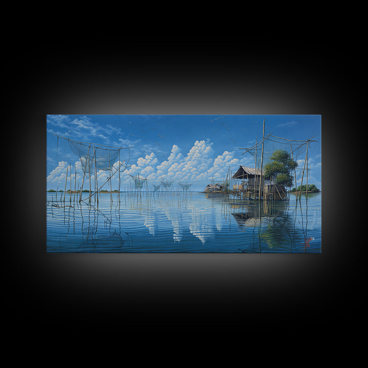 Calm Lake Fishing Nets Wall Art, Blue Sky Reflections Canvas Print, Coastal Landscape, Nature Scene Art, Serene Home Decor
