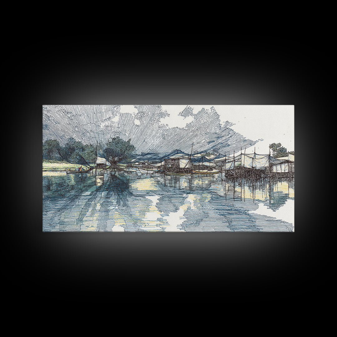 Ink Sketch Fishing Harbor Wall Art, Blue Coastal Village Canvas Print, Minimalist Art, Water Reflection, Office Decor Gift