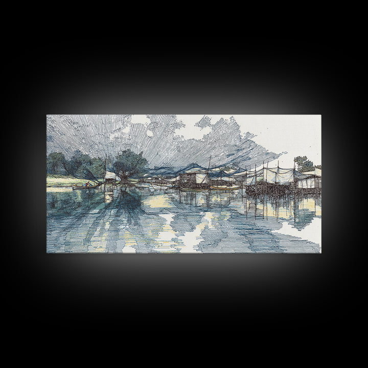 Ink Sketch Fishing Harbor Wall Art, Blue Coastal Village Canvas Print, Minimalist Art, Water Reflection, Office Decor Gift