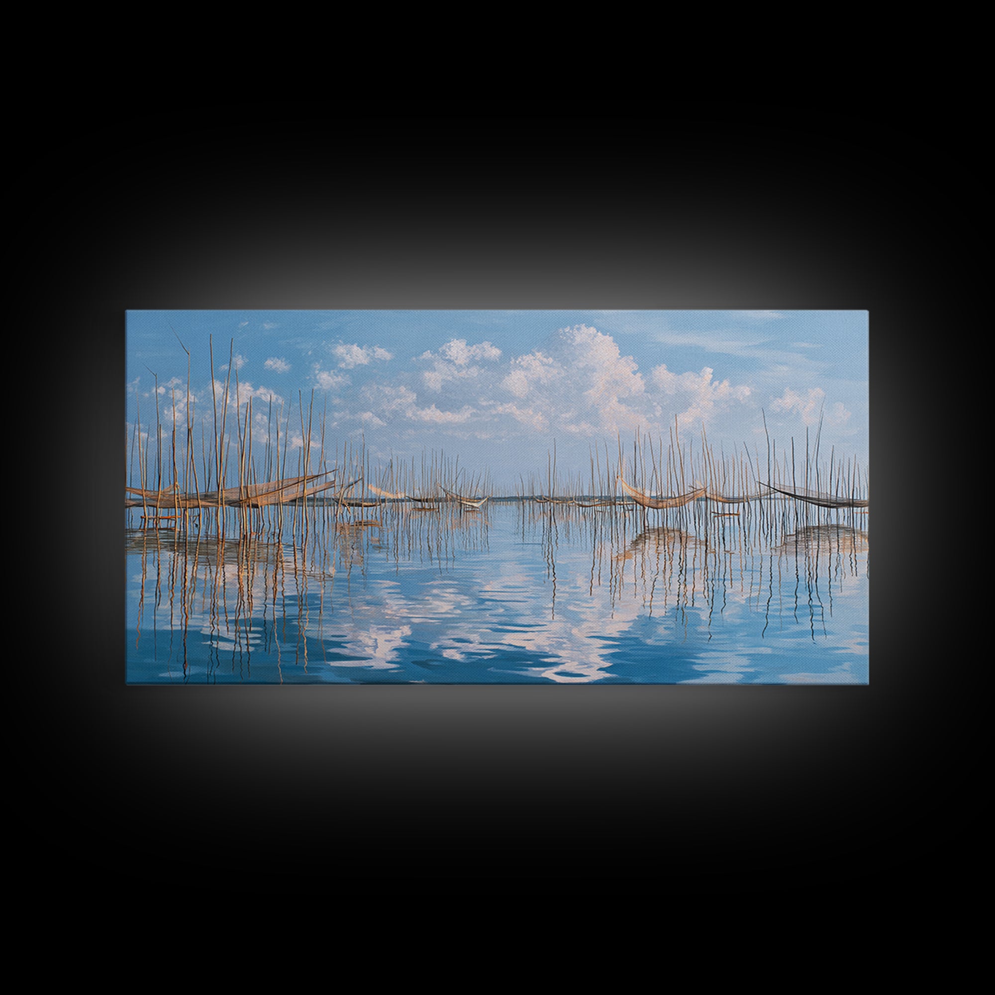 Peaceful Bamboo Fishing Poles Wall Art, Blue Water Landscape Canvas Print, Coastal Nature Scene Art, Elegant Living Room Decor