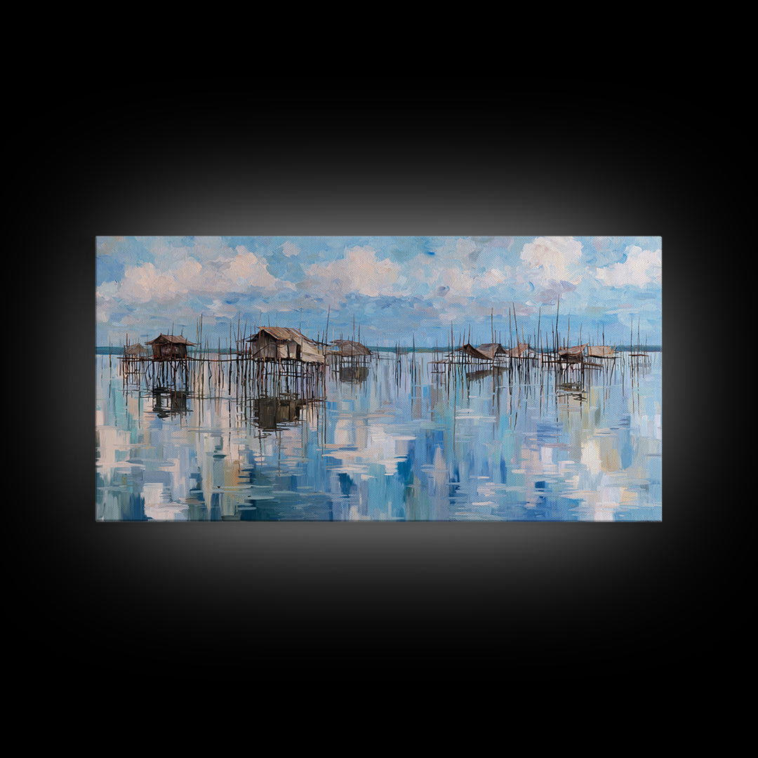 Blue Stilt Village Seascape Reflections Wall Art, Coastal Water Village Canvas Decor, Serene Sky Painting, Living Room Decor