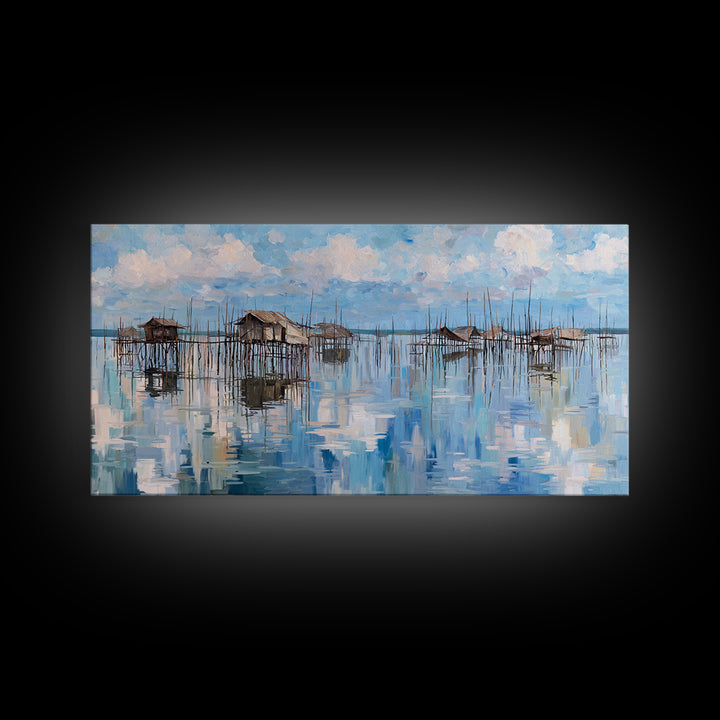 Blue Stilt Village Seascape Reflections Wall Art, Coastal Water Village Canvas Decor, Serene Sky Painting, Living Room Decor