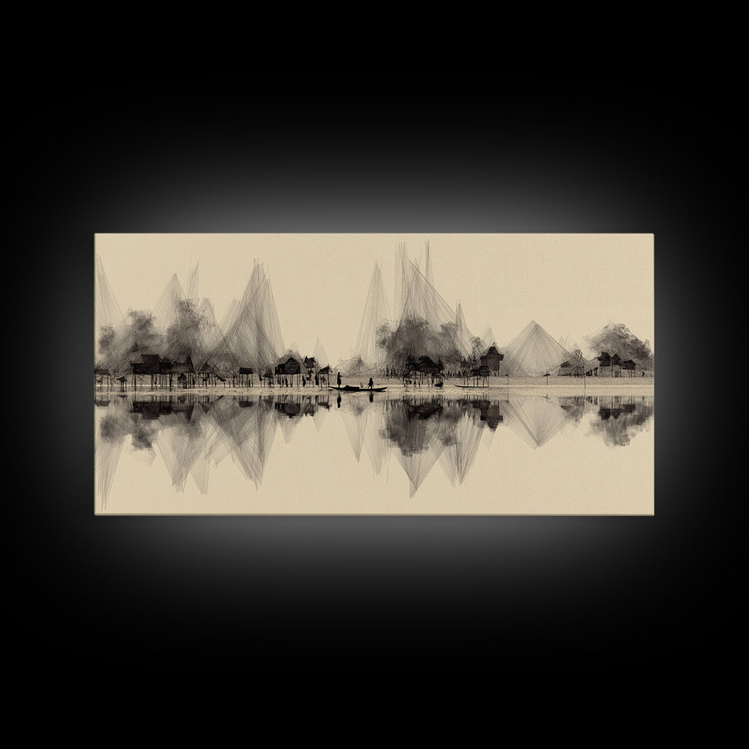 Sepia Ink Lakeside Village Reflections Wall Art, Minimalist Landscape Print, Serene Neutral Decor, Gallery Style Home Decor