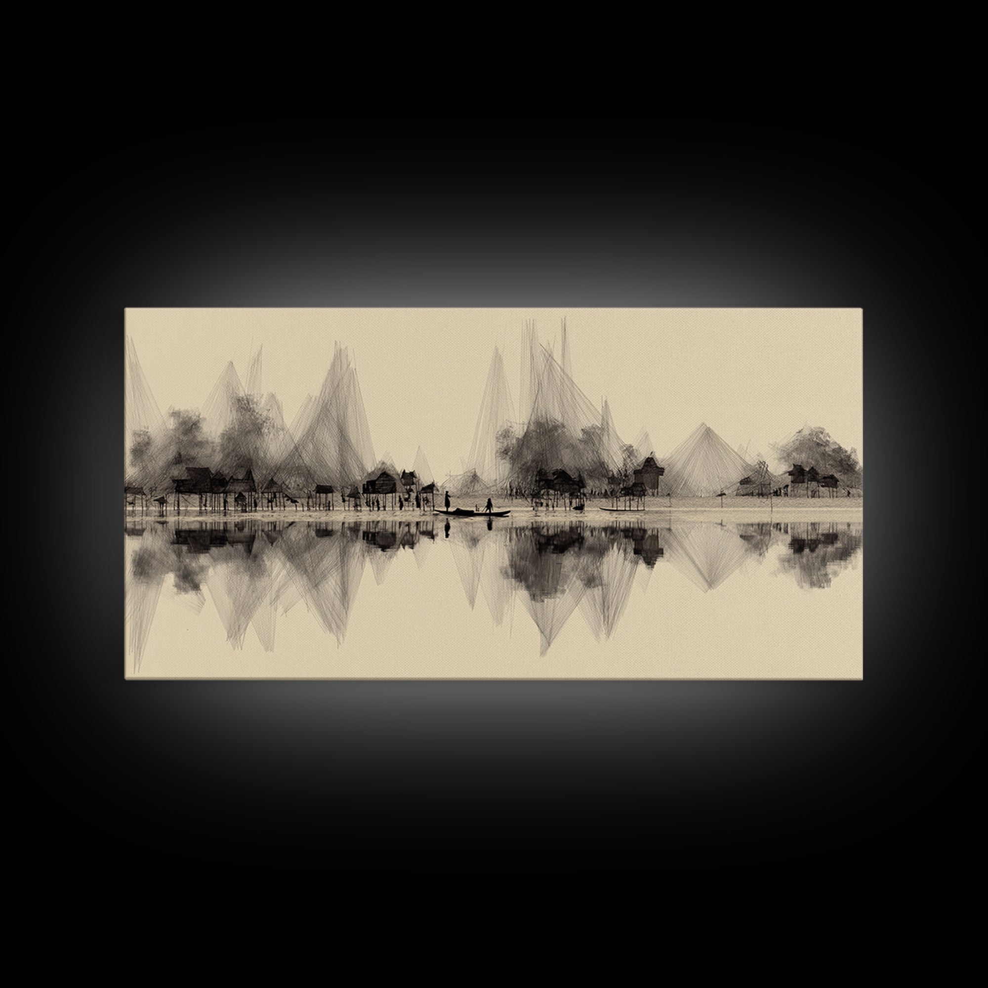 Sepia Ink Lakeside Village Reflections Wall Art, Minimalist Landscape Print, Serene Neutral Decor, Gallery Style Home Decor