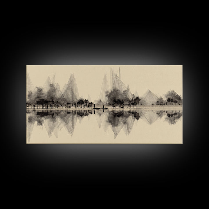 Sepia Ink Lakeside Village Reflections Wall Art, Minimalist Landscape Print, Serene Neutral Decor, Gallery Style Home Decor