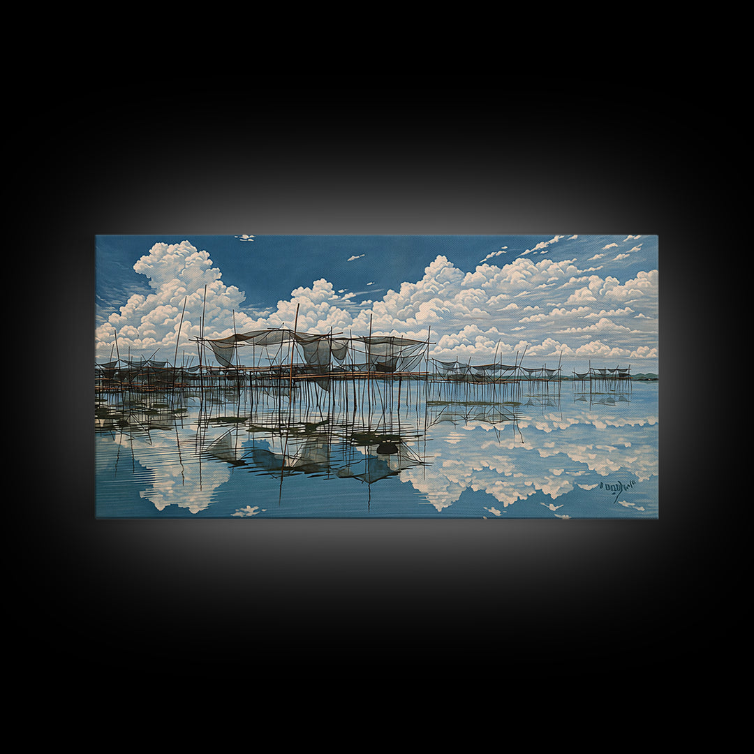 Bright Stilt House Lagoon Reflections Canvas Print, Coastal Sky Wall Decor, Blue Water Landscape Art, Serene Living Room Decor