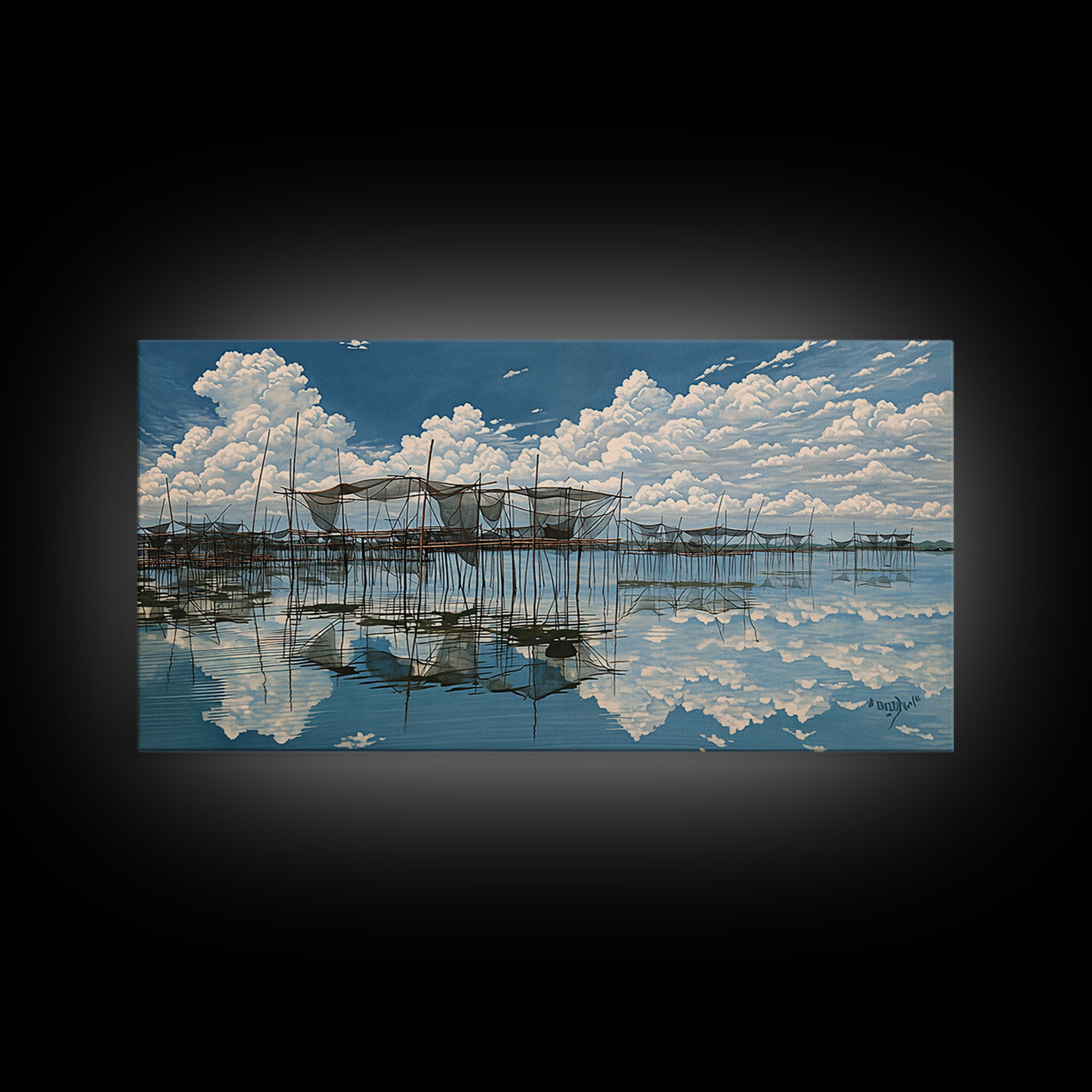 Bright Stilt House Lagoon Reflections Canvas Print, Coastal Sky Wall Decor, Blue Water Landscape Art, Serene Living Room Decor