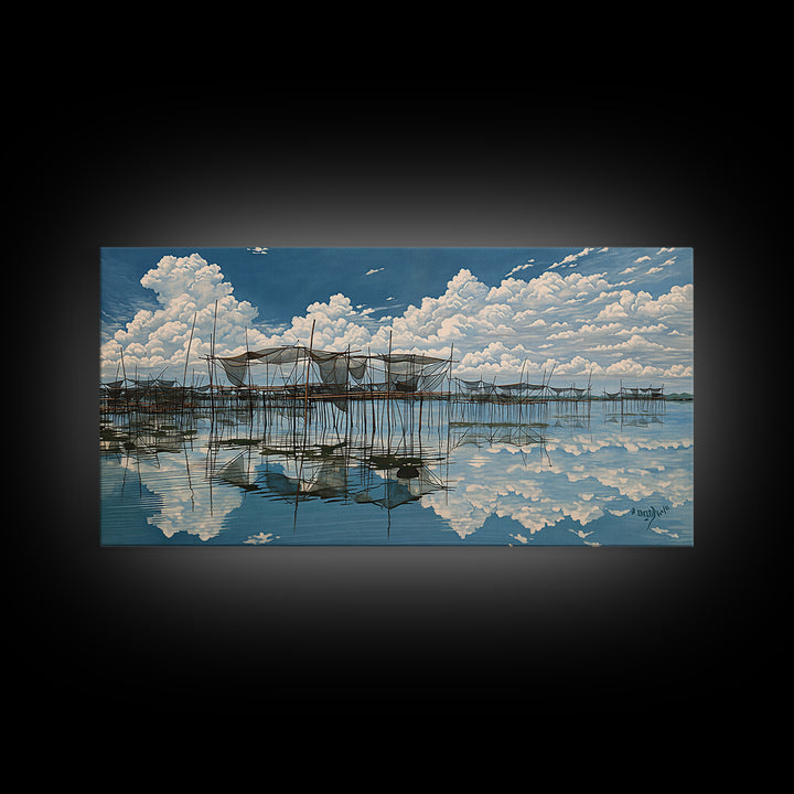 Bright Stilt House Lagoon Reflections Canvas Print, Coastal Sky Wall Decor, Blue Water Landscape Art, Serene Living Room Decor