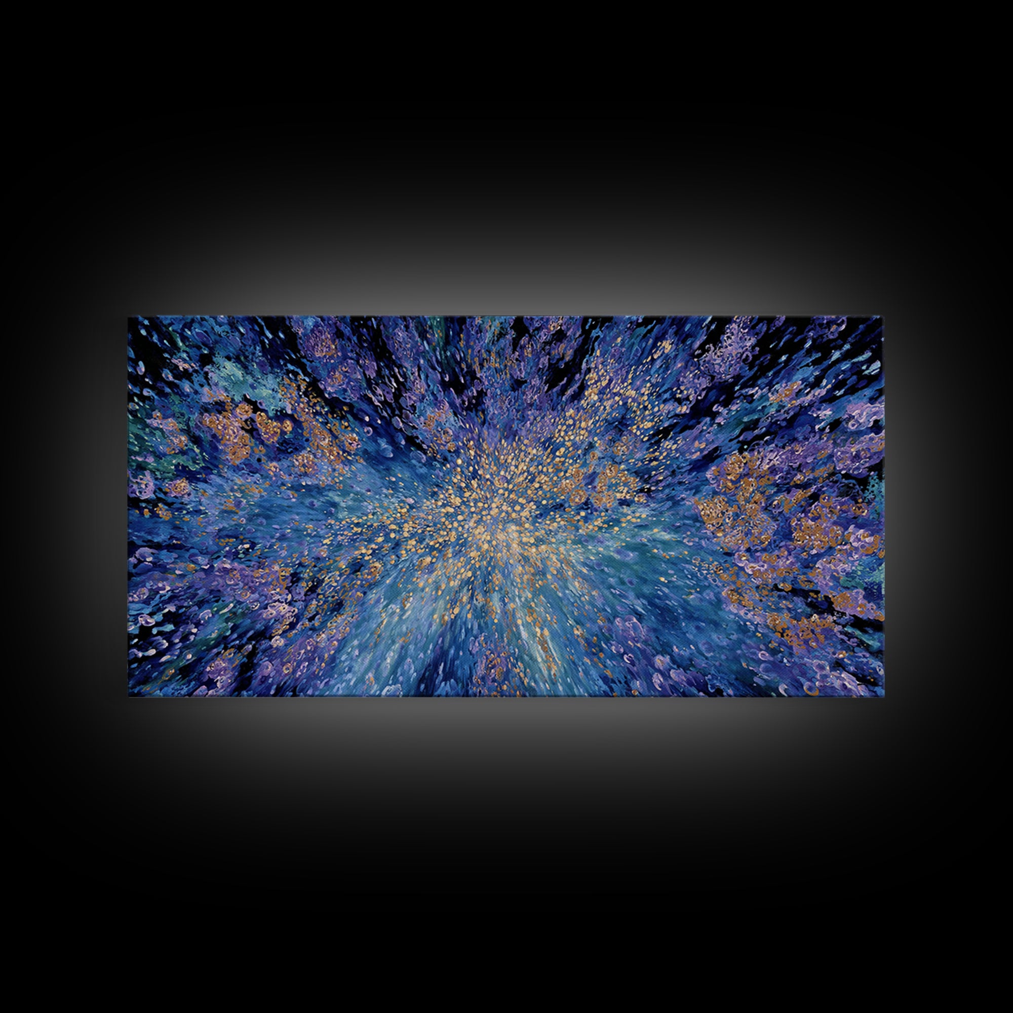 Blue Gold Cosmic Abstract Wall Art, Explosive Modern Canvas Decor, Textured Art Print, Dreamy Statement Living Room Decor
