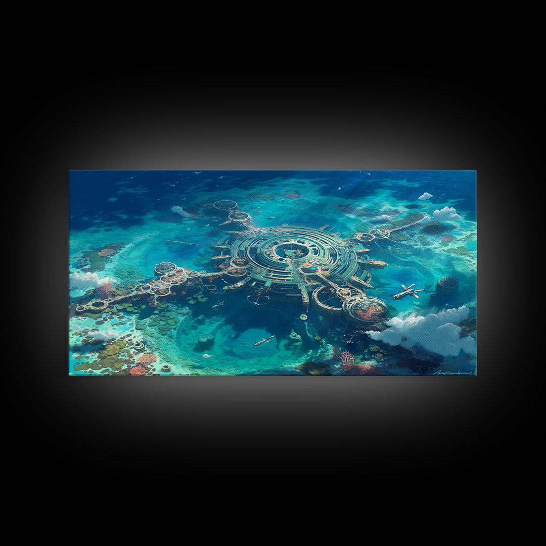 Futuristic Ocean City Aerial Canvas Print, Turquoise Sci Fi Island Wall Decor, Modern Digital Art, Unique Coastal Home Decor