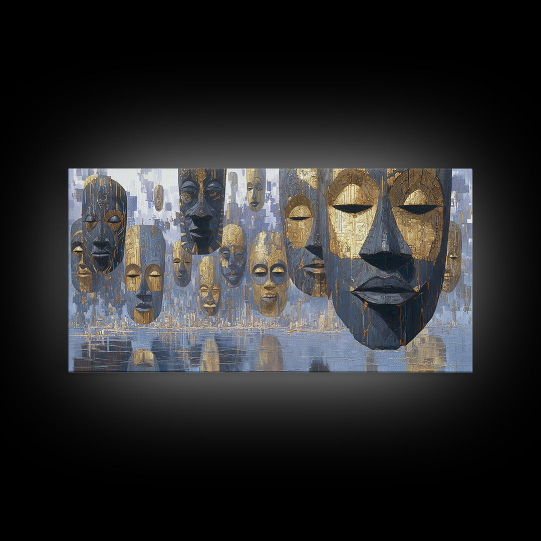 Floating African Mask Framed Canvas Print, Blue Gold Tribal Wall Decor, Modern African Art, Afrocentric Living Room Decor