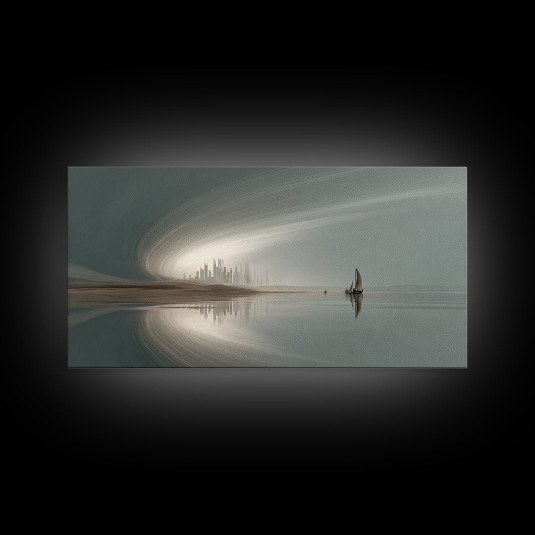 Misty Futuristic Sailboat Wall Art, Serene Coastal Skyline, Modern Minimalist Decor, Dreamy Landscape, Luxury Canvas Print