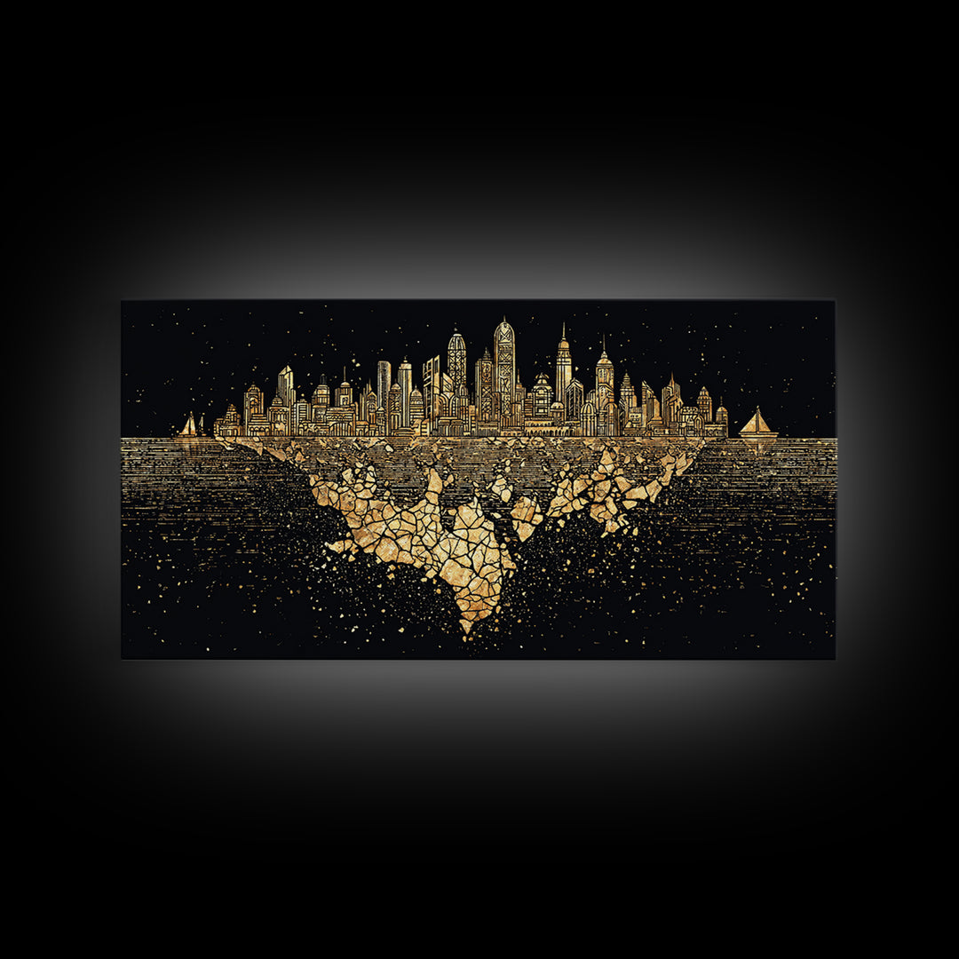 Gold Floating Skyline Wall Art, Black And Gold Art, Modern Cityscape Poster, Abstract Urban Decor, Statement Canvas Print