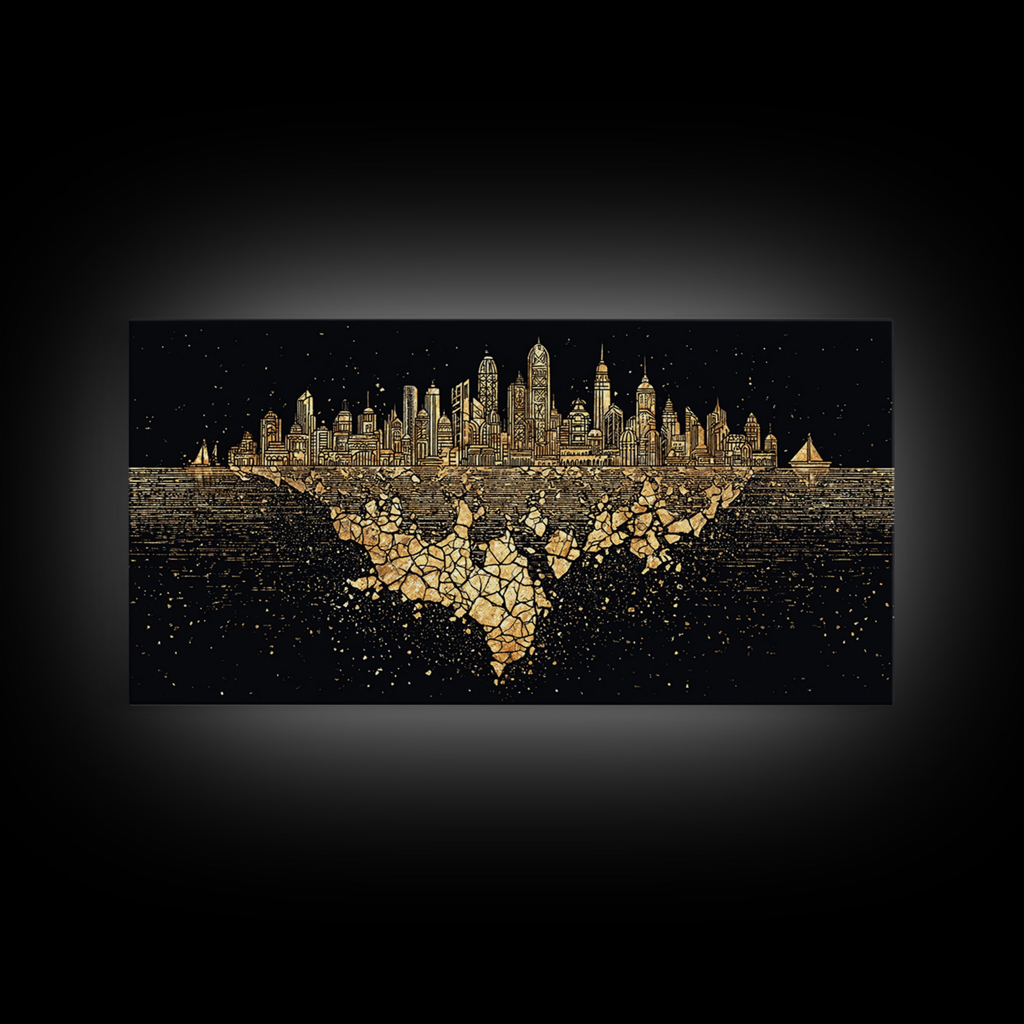 Gold Floating Skyline Wall Art, Black And Gold Art, Modern Cityscape Poster, Abstract Urban Decor, Statement Canvas Print