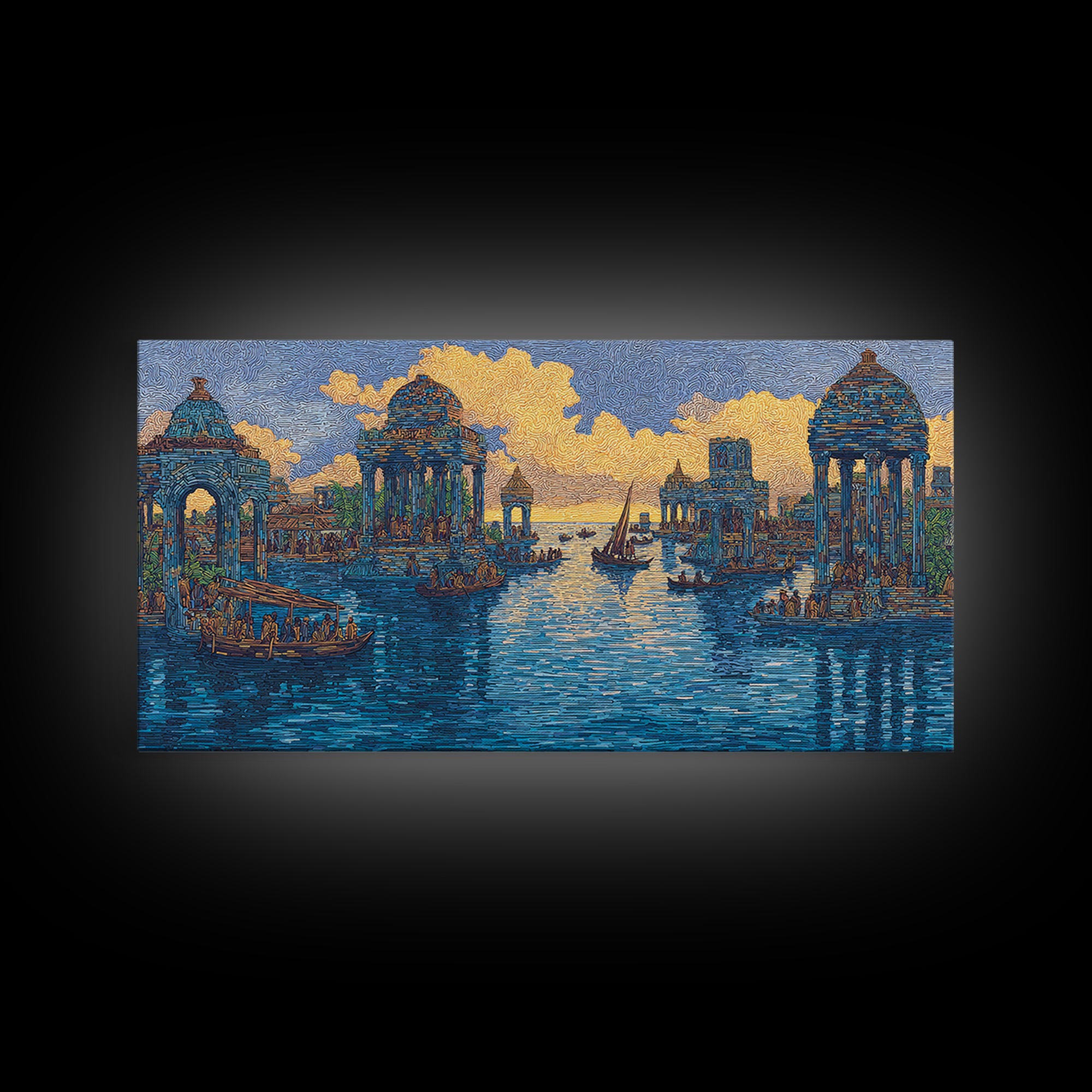 Blue Golden Temple Canal Wall Art, Ancient City Landscape, Cultural Art Print, Dreamy Water Decor, Contemporary Canvas Print