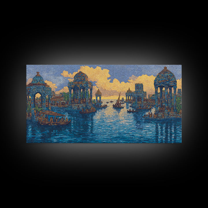 Blue Golden Temple Canal Wall Art, Ancient City Landscape, Cultural Art Print, Dreamy Water Decor, Contemporary Canvas Print