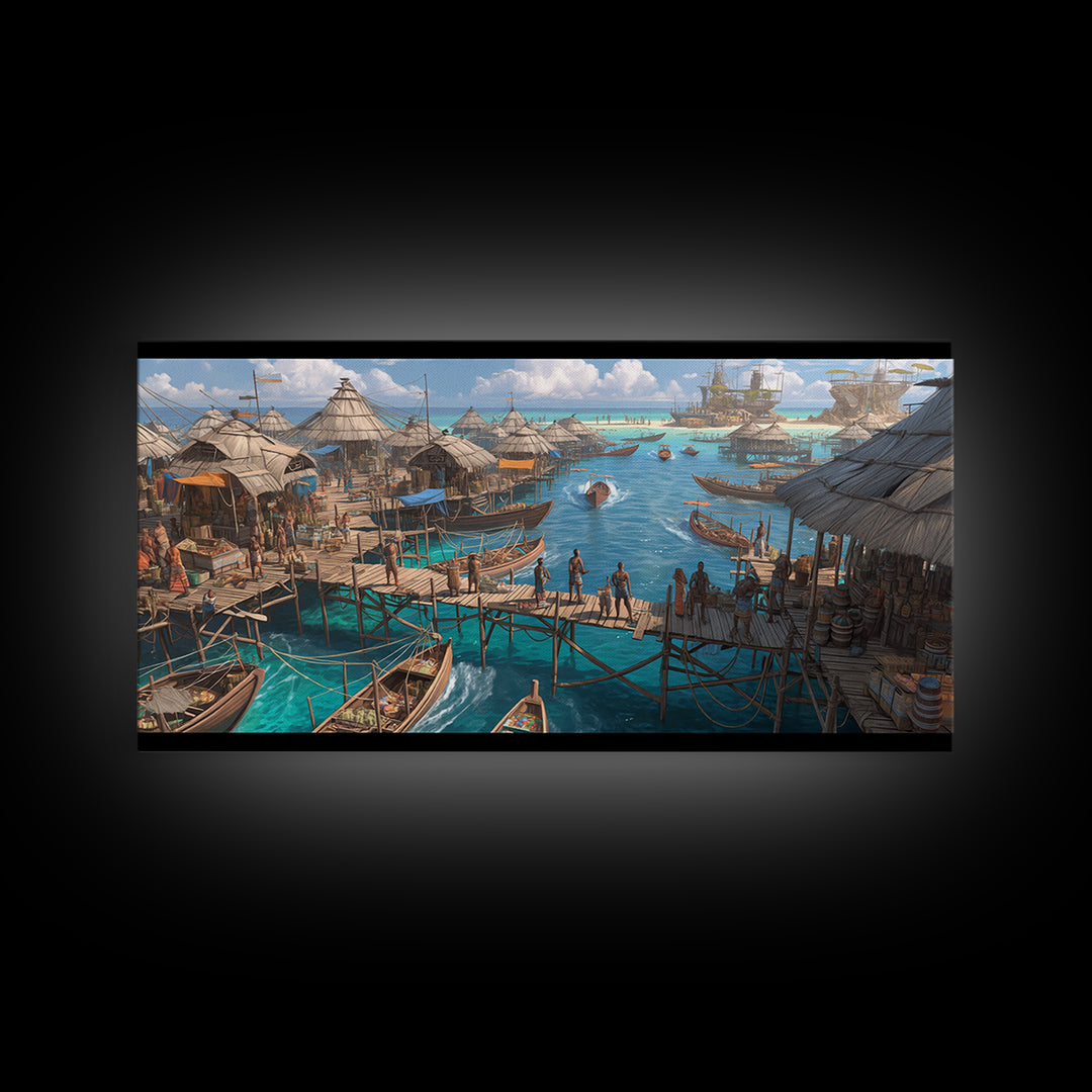 Tropical Stilt Village Wall Art, African Coastal Harbor, Fishing Boats, Teal Water Decor, Safari Travel Canvas Print, Unique Home Decor