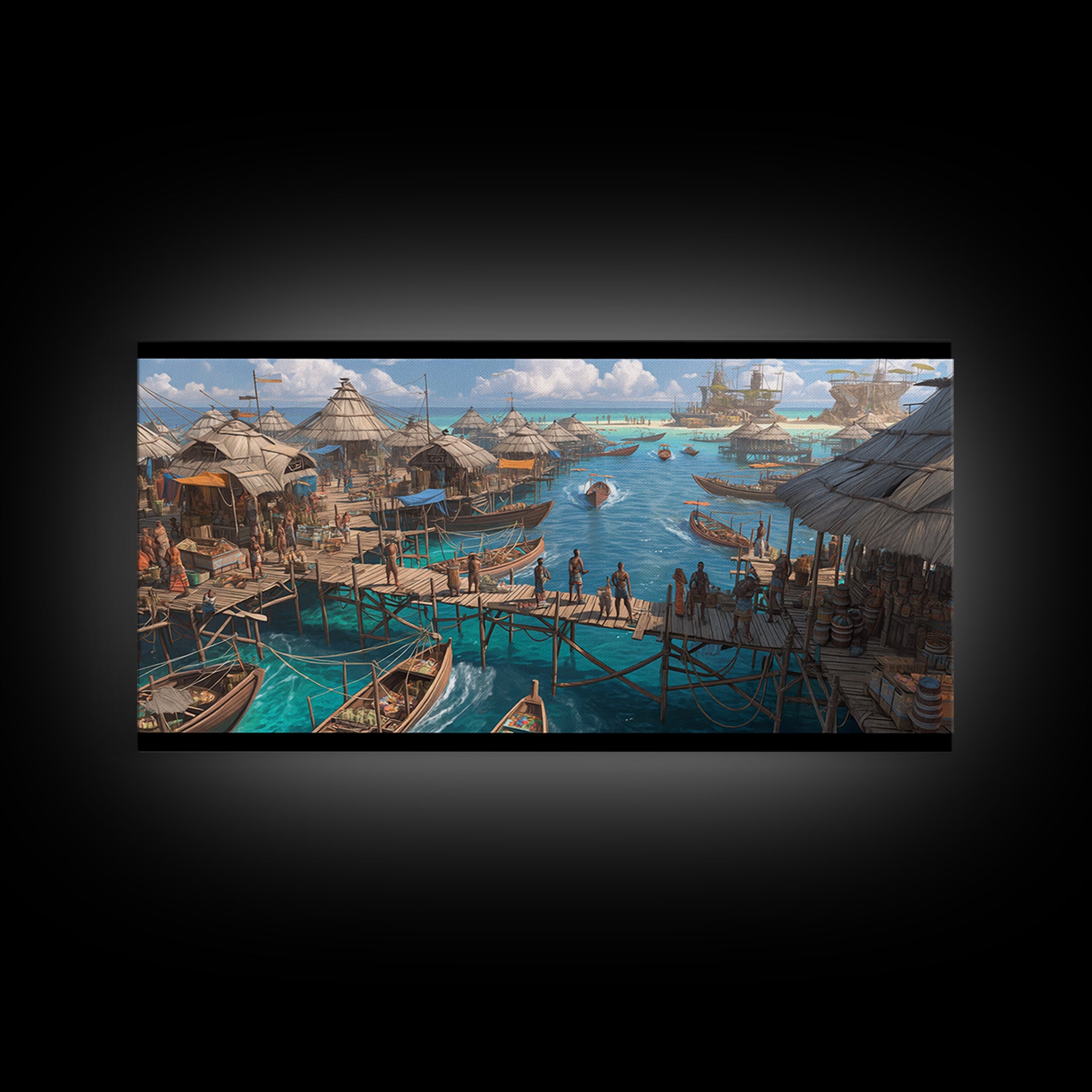 Tropical Stilt Village Wall Art, African Coastal Harbor, Fishing Boats, Teal Water Decor, Safari Travel Canvas Print, Unique Home Decor
