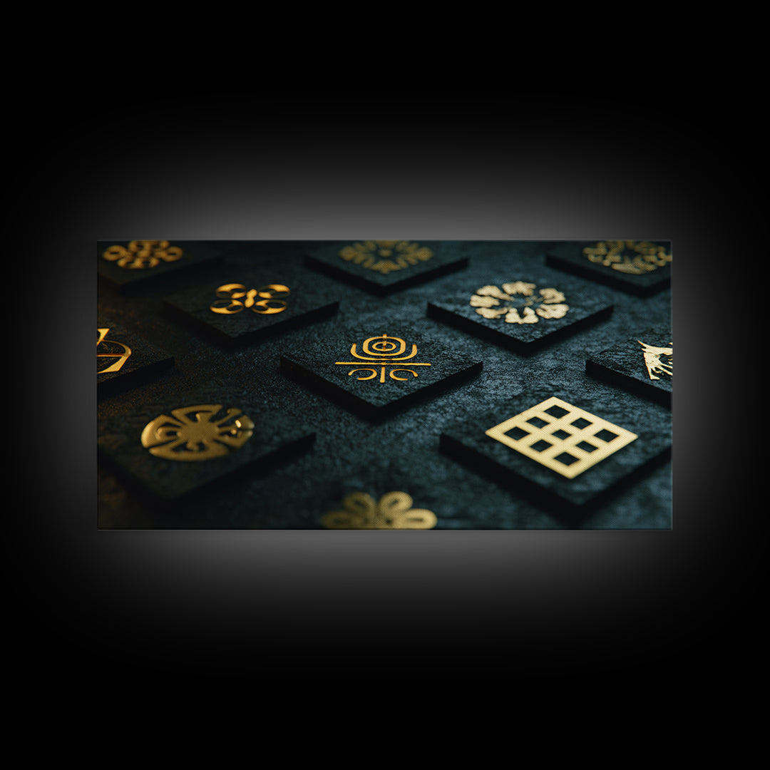 Gold Adinkra Symbols Wall Art, African Patterns Decor, Black And Gold Design, Spiritual Cultural Art, Framed Canvas Print