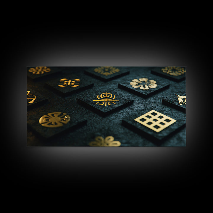 Gold Adinkra Symbols Wall Art, African Patterns Decor, Black And Gold Design, Spiritual Cultural Art, Framed Canvas Print