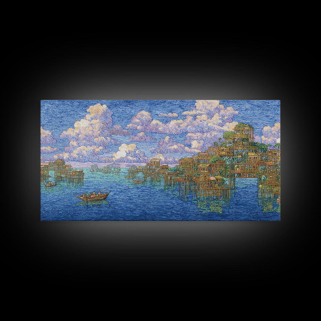 Ocean Stilt Village Wall Art, Blue Coastal Landscape, African Inspired Fishing Boats, Dreamy Clouds, Premium Canvas Print